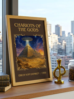 Chariots Of The Gods Classic Book Art Print by Erich Von Däniken – framed print on a city-view windowsill