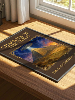 Chariots Of The Gods Classic Book Art Print by Erich Von Däniken – print on a sunlit desk