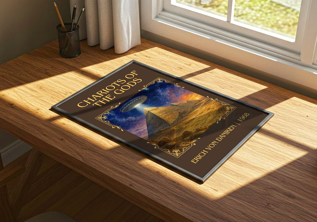 Chariots Of The Gods Classic Book Art Print by Erich Von Däniken – print on a sunlit desk