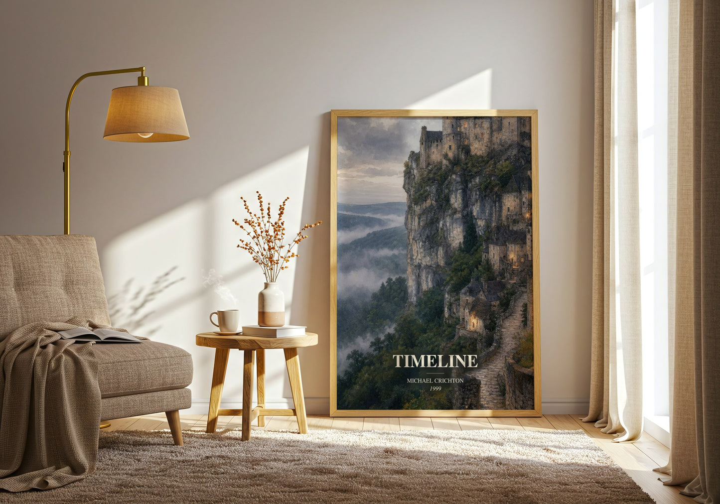 Timeline watercolour print in frame leaning in hallway – sci fi wall art