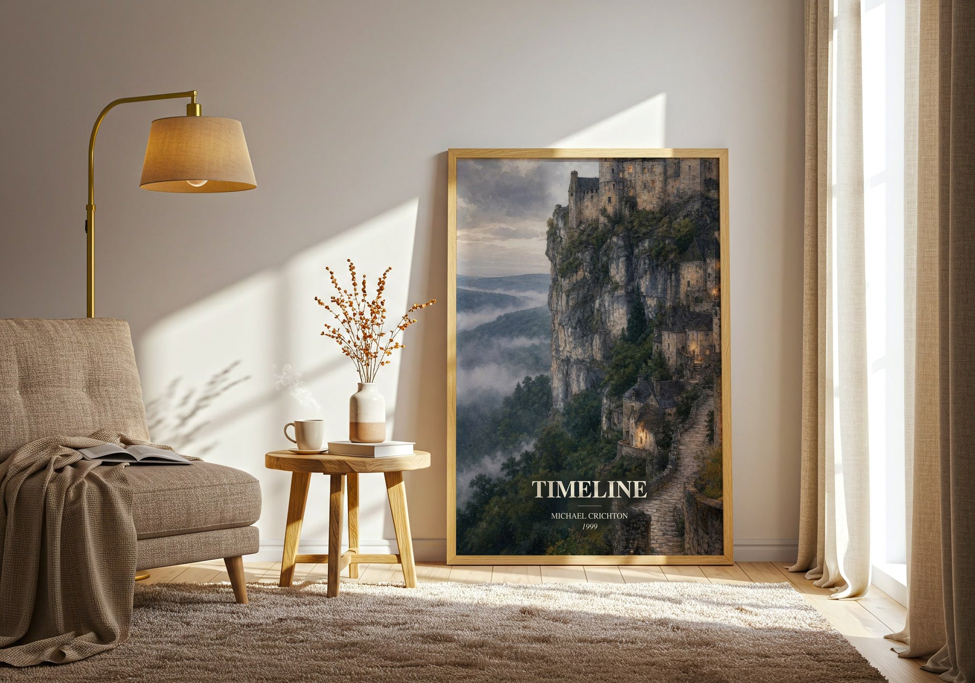 Timeline watercolour print in frame leaning in hallway – sci fi wall art