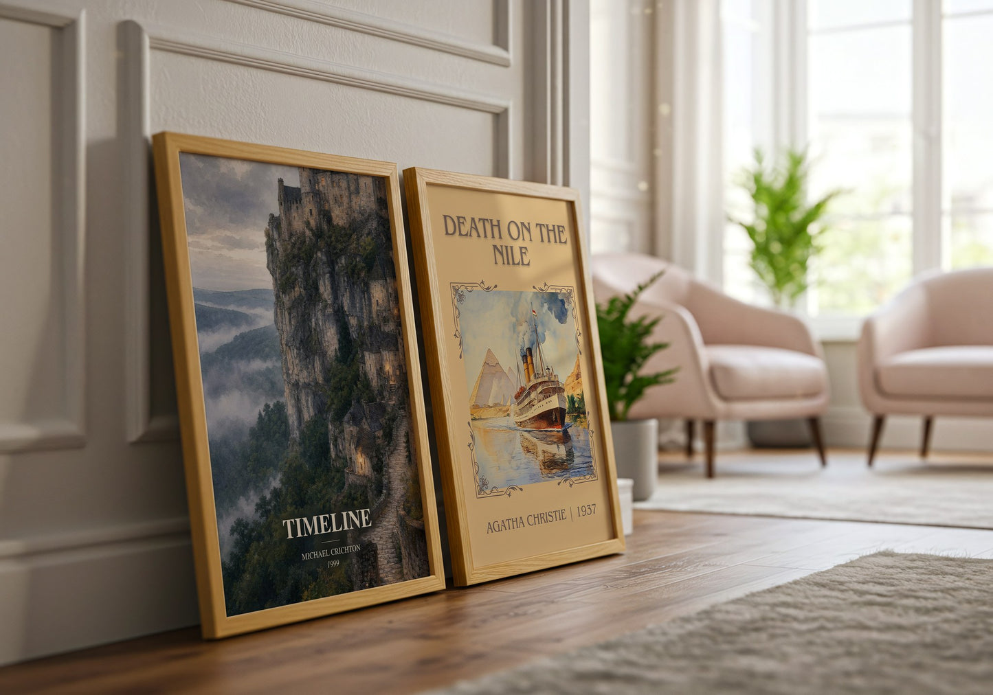 Timeline watercolour print framed by window – literary home decor