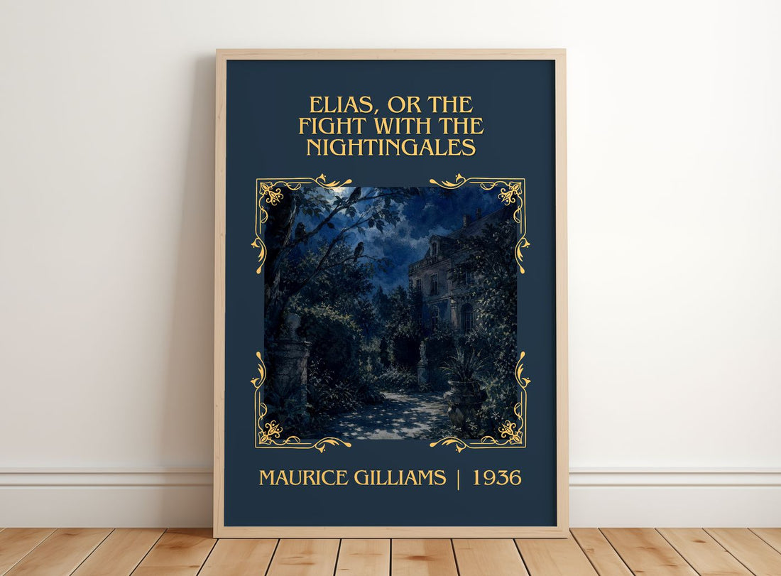 Elias, Or The Fight With The Nightingales Classic Book Art Print by Maurice Gilliams – framed print leaning on a wooden floor