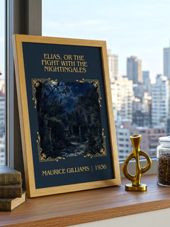 Elias, Or The Fight With The Nightingales Classic Book Art Print by Maurice Gilliams – framed print on a city-view windowsill