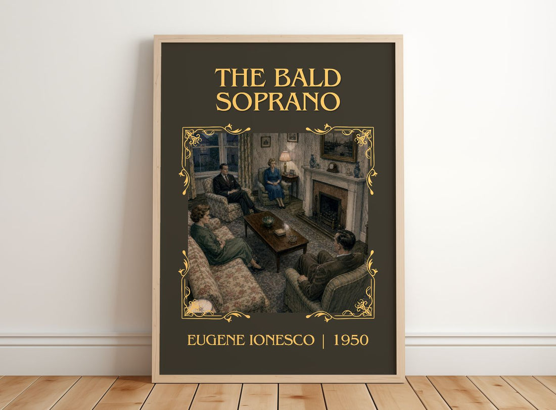 The Bald Soprano Classic Book Art Print by Eugène Ionesco – framed print leaning on a wooden floor