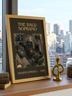 The Bald Soprano Classic Book Art Print by Eugène Ionesco – framed print on a city-view windowsill