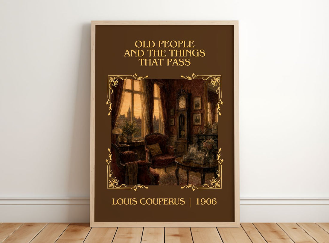 Old People And The Things That Pass Classic Book Art Print by Louis Couperus – framed print leaning on a wooden floor