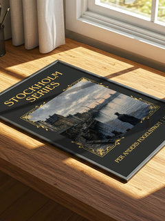 Stockholm series Classic Book Art Print by Per Anders Fogelström – print on a sunlit desk