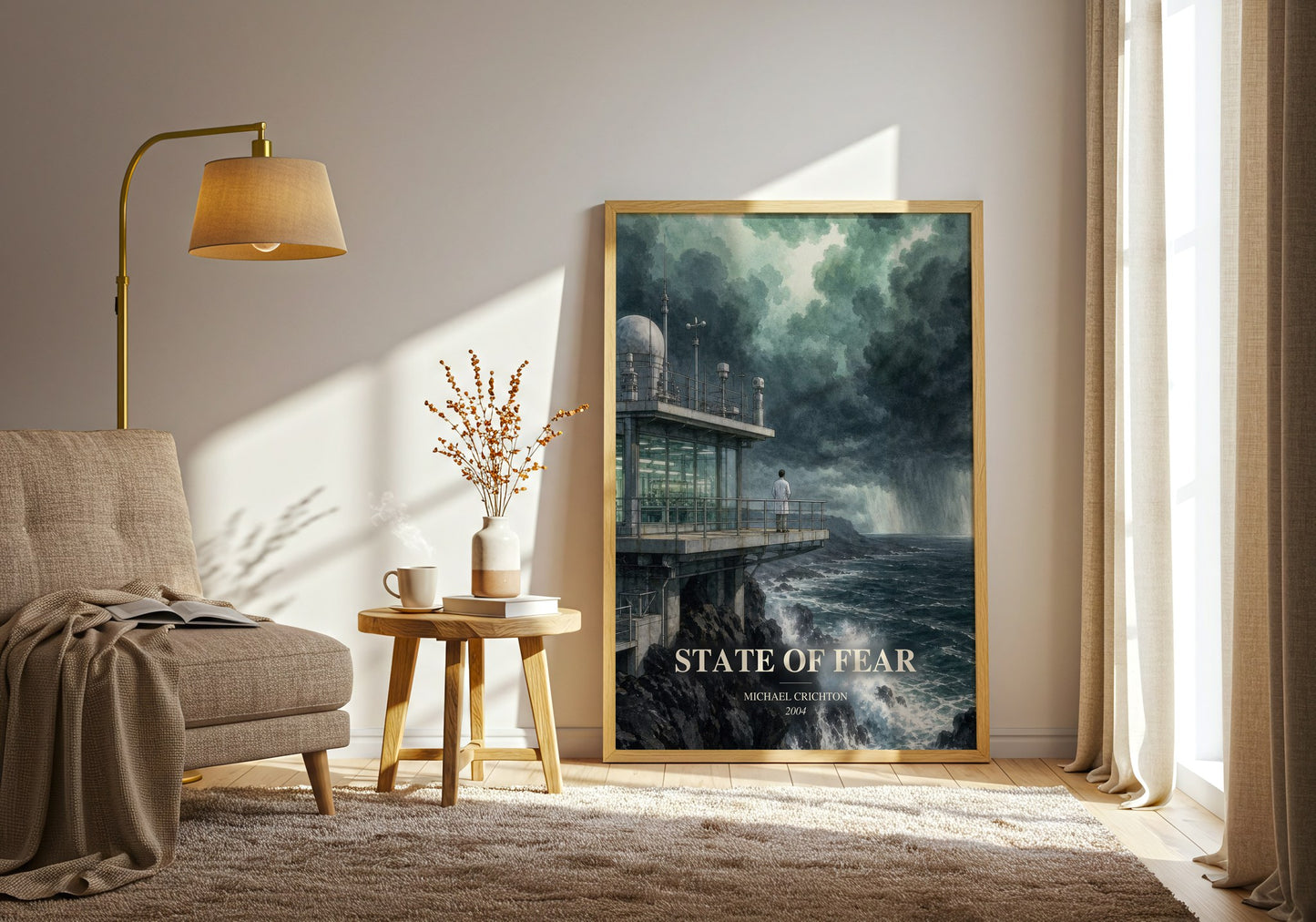 State Of Fear watercolour print in frame leaning in hallway – thriller wall art