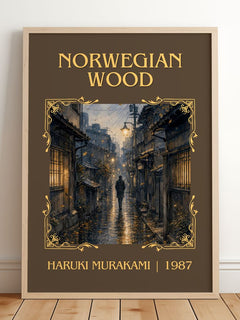 Norwegian Wood Classic Book Art Print by Haruki Murakami – framed print leaning on a wooden floor