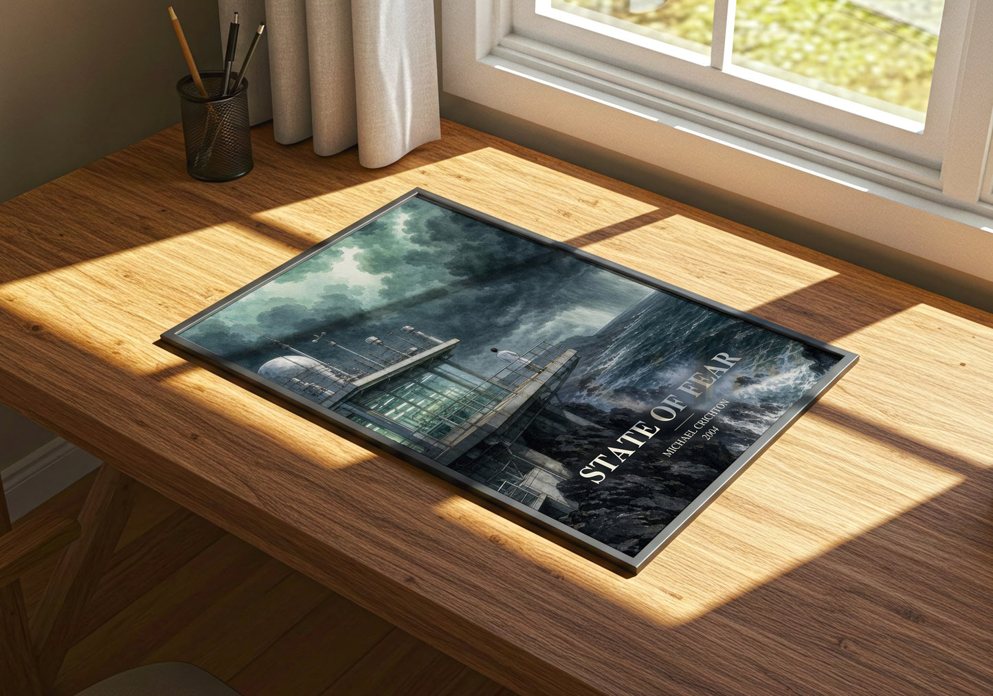 State Of Fear watercolour book poster framed on wall – thriller wall art