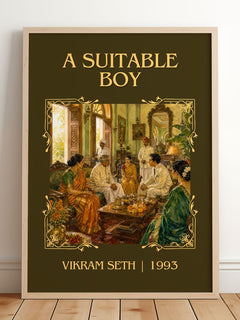 A Suitable Boy Classic Book Art Print by Vikram Seth – framed print leaning on a wooden floor