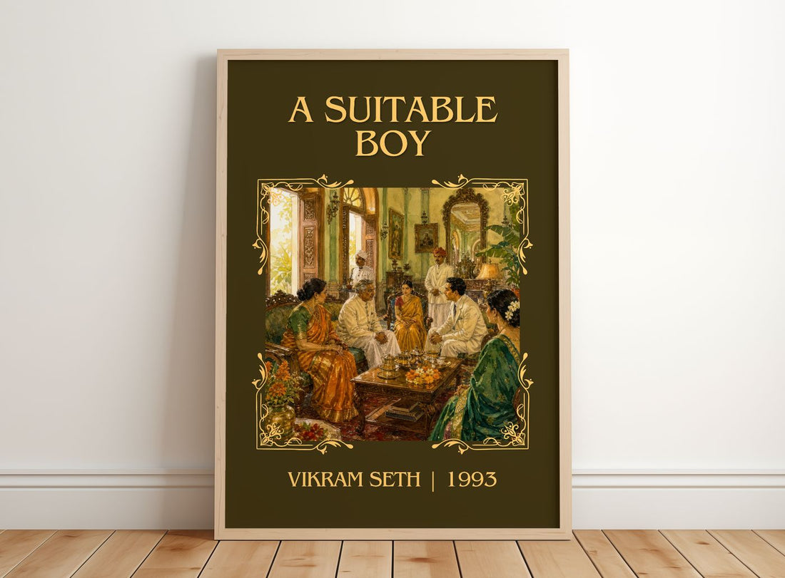 A Suitable Boy Classic Book Art Print by Vikram Seth – framed print leaning on a wooden floor