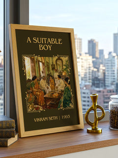 A Suitable Boy Classic Book Art Print by Vikram Seth – framed print on a city-view windowsill