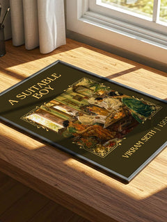 A Suitable Boy Classic Book Art Print by Vikram Seth – print on a sunlit desk