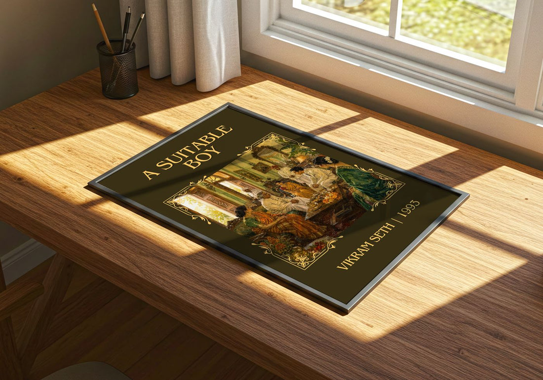 A Suitable Boy Classic Book Art Print by Vikram Seth – print on a sunlit desk