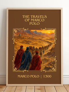 The Travels of Marco Polo Classic Book Art Print by Marco Polo – framed print leaning on a wooden floor