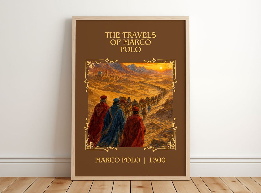 The Travels of Marco Polo Classic Book Art Print by Marco Polo – framed print leaning on a wooden floor