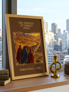 The Travels of Marco Polo Classic Book Art Print by Marco Polo – framed print on a city-view windowsill