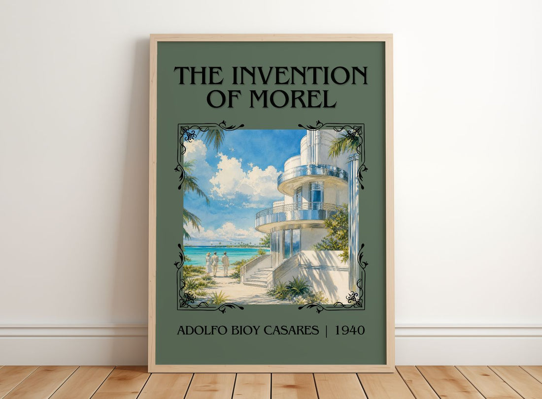 The Invention Of Morel Classic Book Art Print by Adolfo Bioy Casares – framed print leaning on a wooden floor