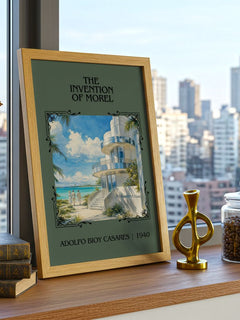 The Invention Of Morel Classic Book Art Print by Adolfo Bioy Casares – framed print on a city-view windowsill