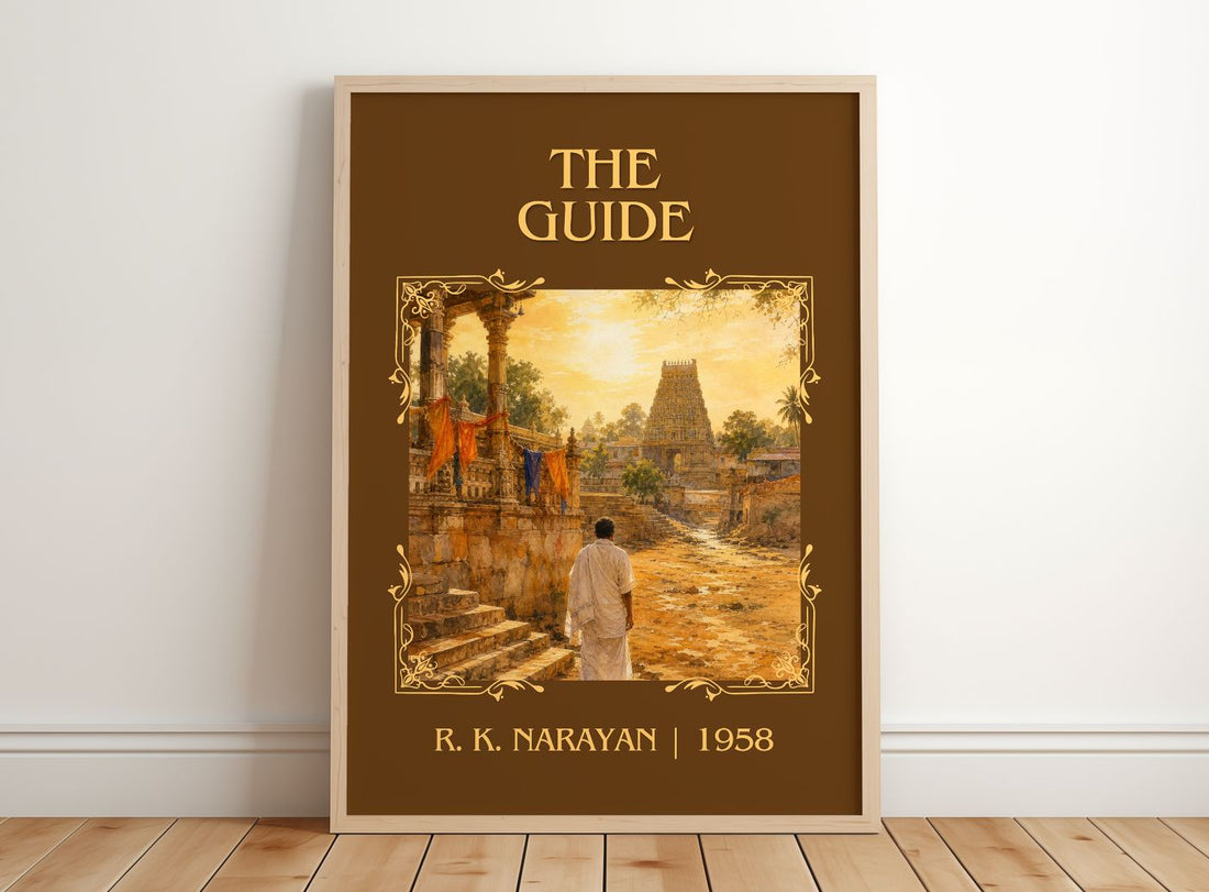 The Guide Classic Book Art Print by R. K. Narayan – framed print leaning on a wooden floor