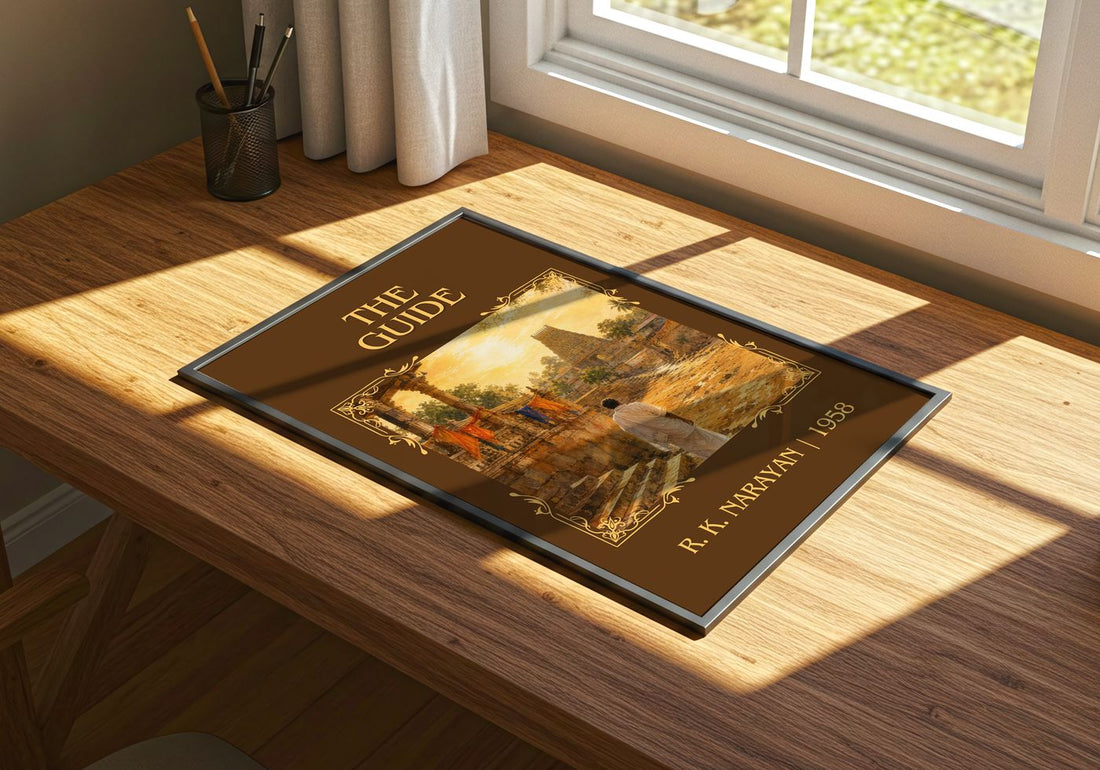 The Guide Classic Book Art Print by R. K. Narayan – print on a sunlit desk