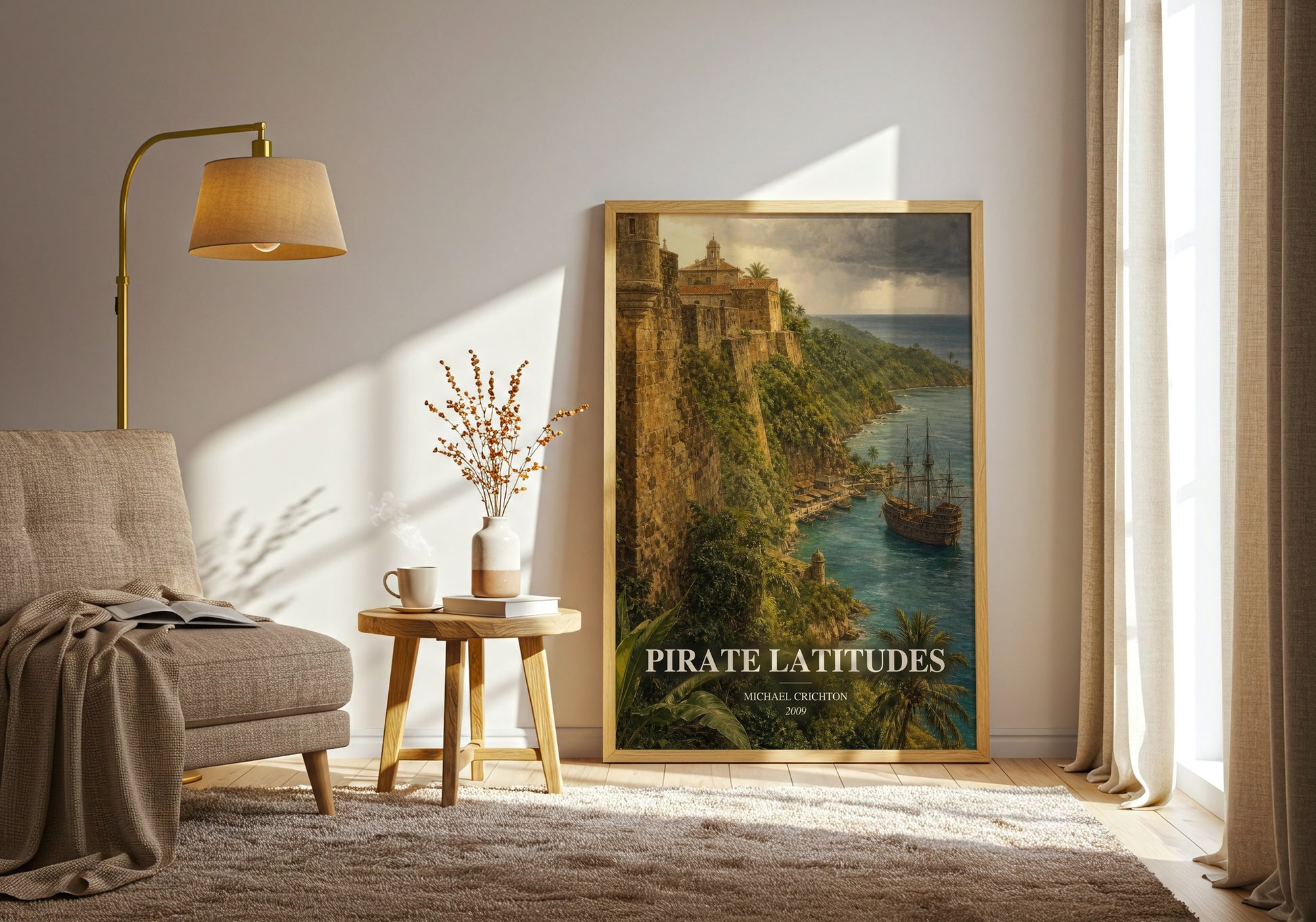 Pirate Latitudes watercolour print in frame leaning in hallway – historical fiction wall art