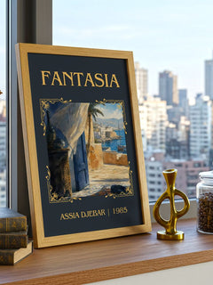 Fantasia Classic Book Art Print by Assia Djebar – framed print on a city-view windowsill