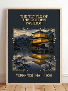Temple of the Golden Pavilion Classic Book Art Print by Yukio Mishima – framed print leaning on a wooden floor
