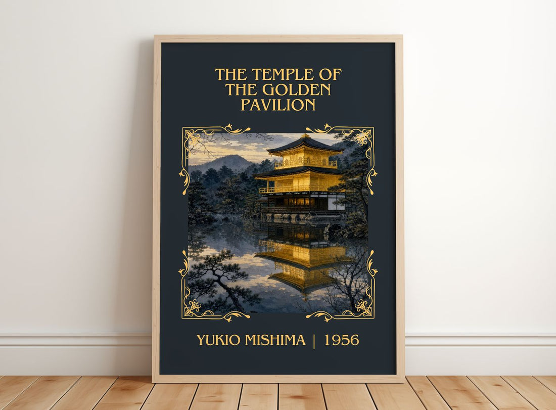 Temple of the Golden Pavilion Classic Book Art Print by Yukio Mishima – framed print leaning on a wooden floor