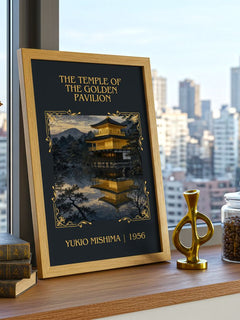 Temple of the Golden Pavilion Classic Book Art Print by Yukio Mishima – framed print on a city-view windowsill