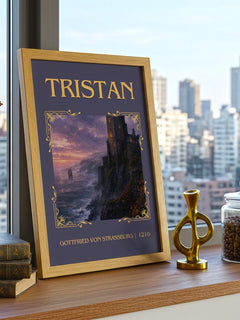 Tristan Classic Book Art Print by Gottfried von Strassburg – framed print on a city-view windowsill
