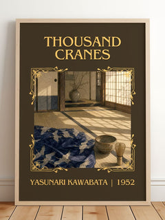 Thousand Cranes Classic Book Art Print by Yasunari Kawabata – framed print leaning on a wooden floor