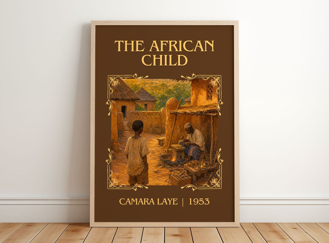 The African Child Classic Book Art Print by Camara Laye – framed print leaning on a wooden floor