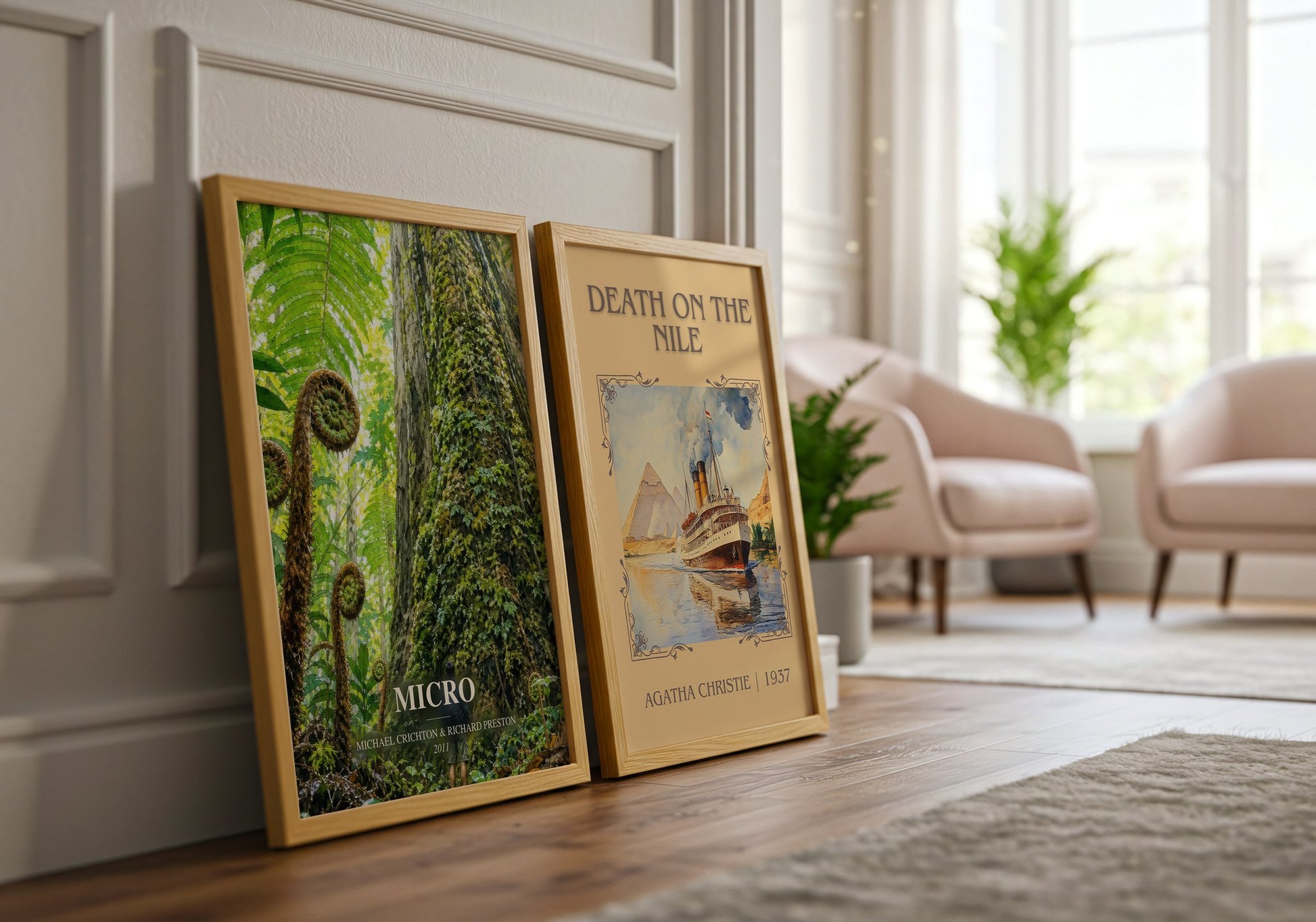 Micro watercolour print framed by window – literary home decor