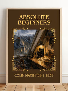 Absolute Beginners Classic Book Art Print by Colin MacInnes – framed print leaning on a wooden floor