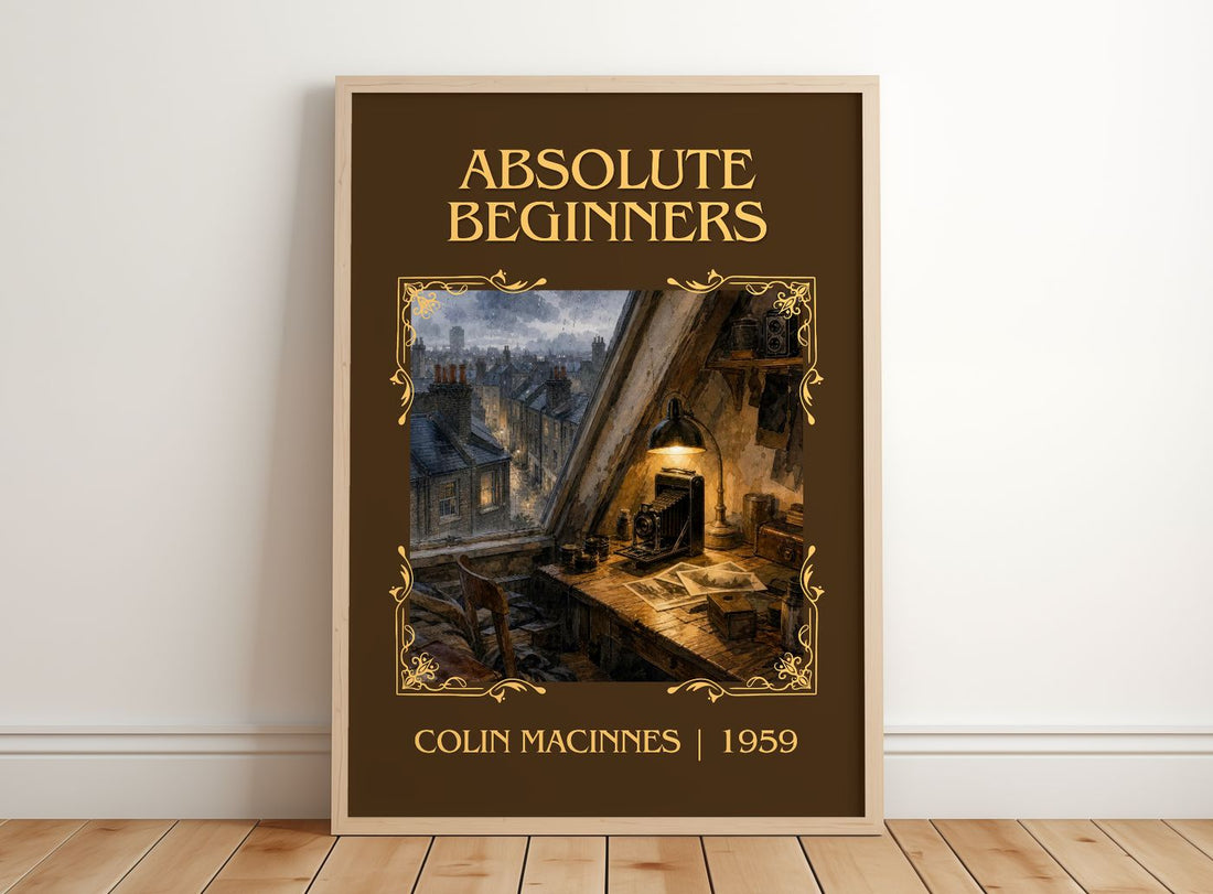 Absolute Beginners Classic Book Art Print by Colin MacInnes – framed print leaning on a wooden floor