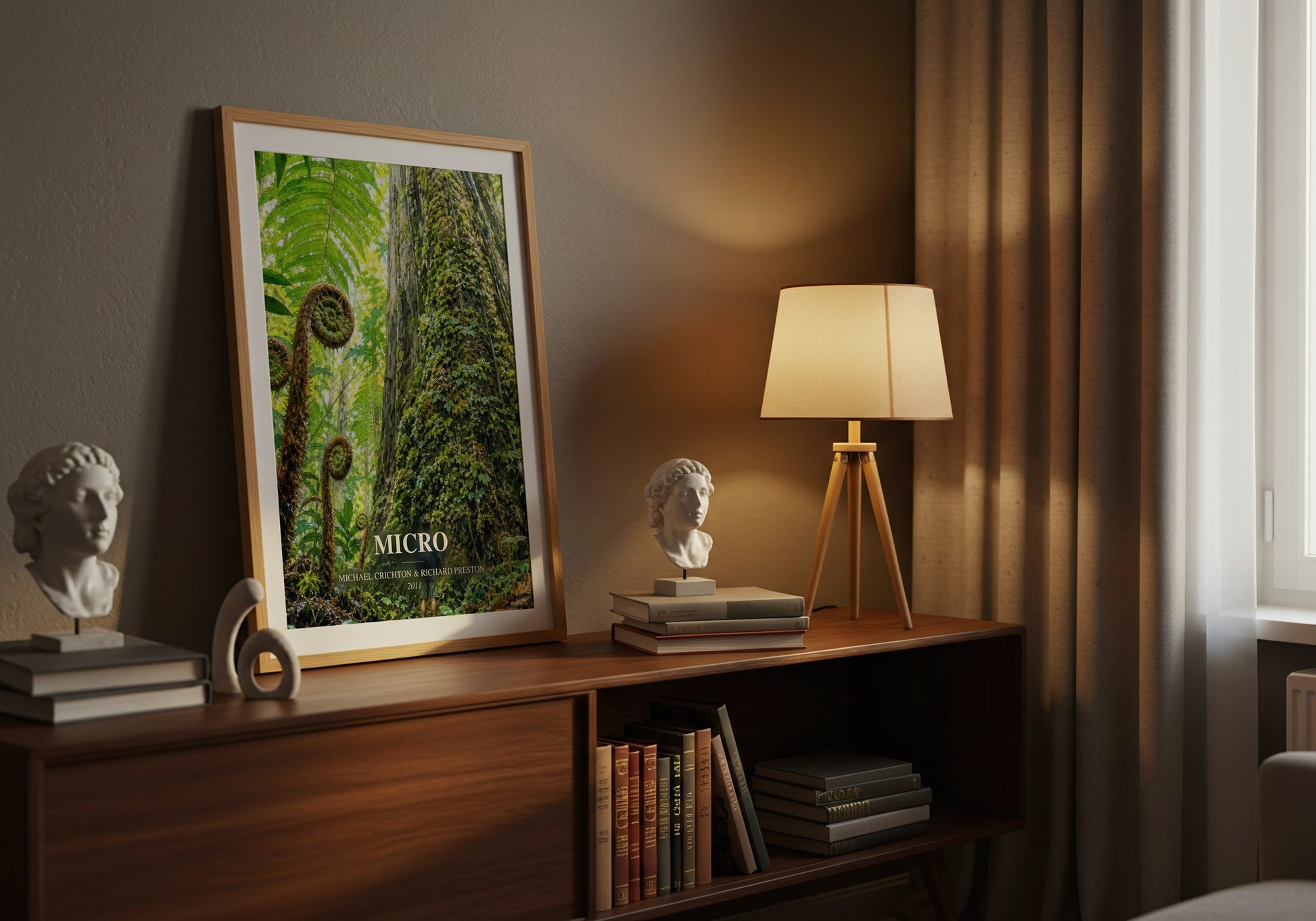 Micro watercolour print on bookshelf – Michael Crichton & Richard Preston fan gift