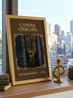 Camera Obscura Classic Book Art Print by Nicolaas Beets – framed print on a city-view windowsill