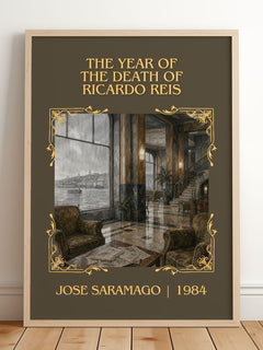 The Year of the Death of Ricardo Reis Classic Book Art Print by José Saramago – framed print leaning on a wooden floor