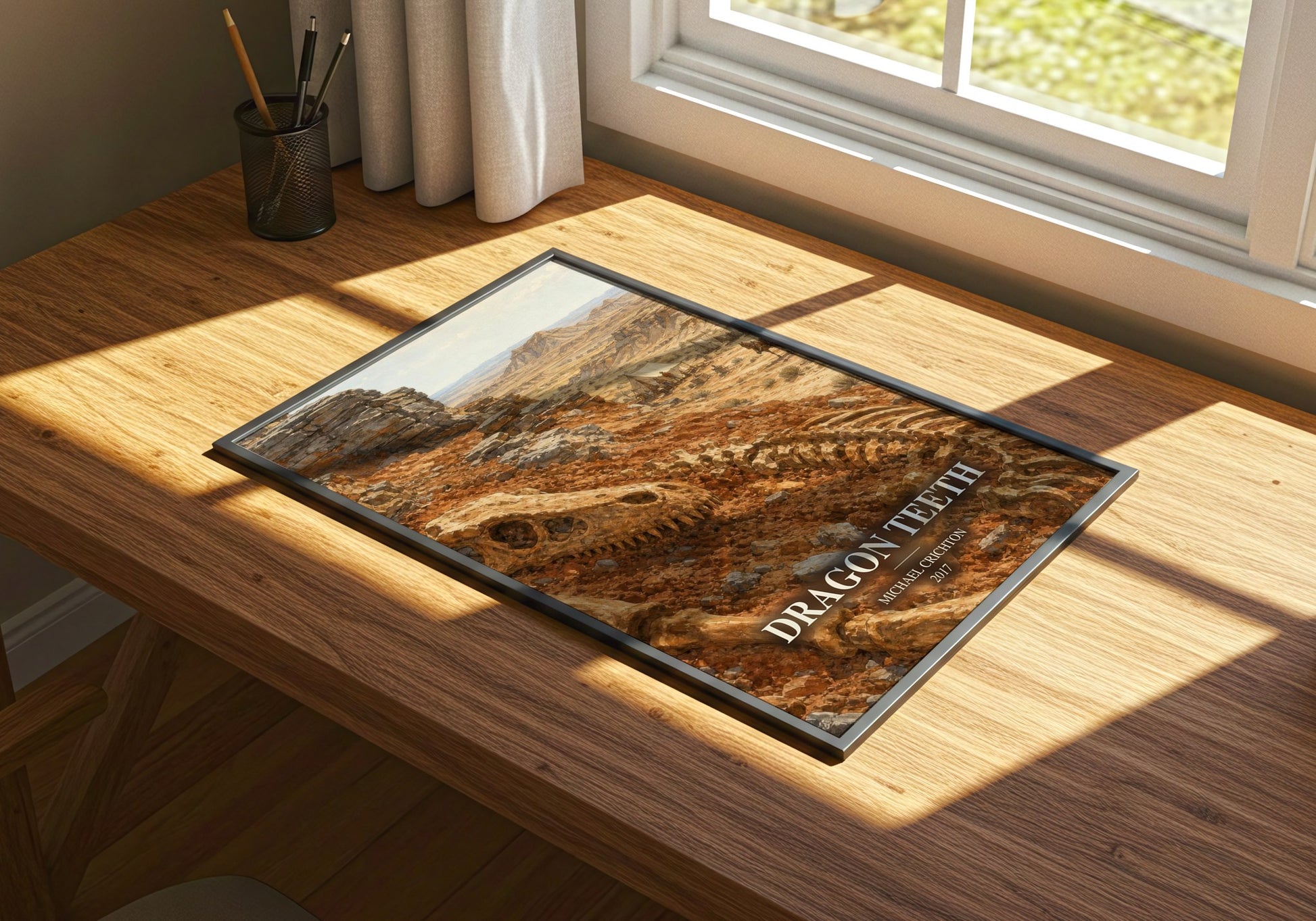 Dragon Teeth watercolour book poster framed on wall – adventure wall art