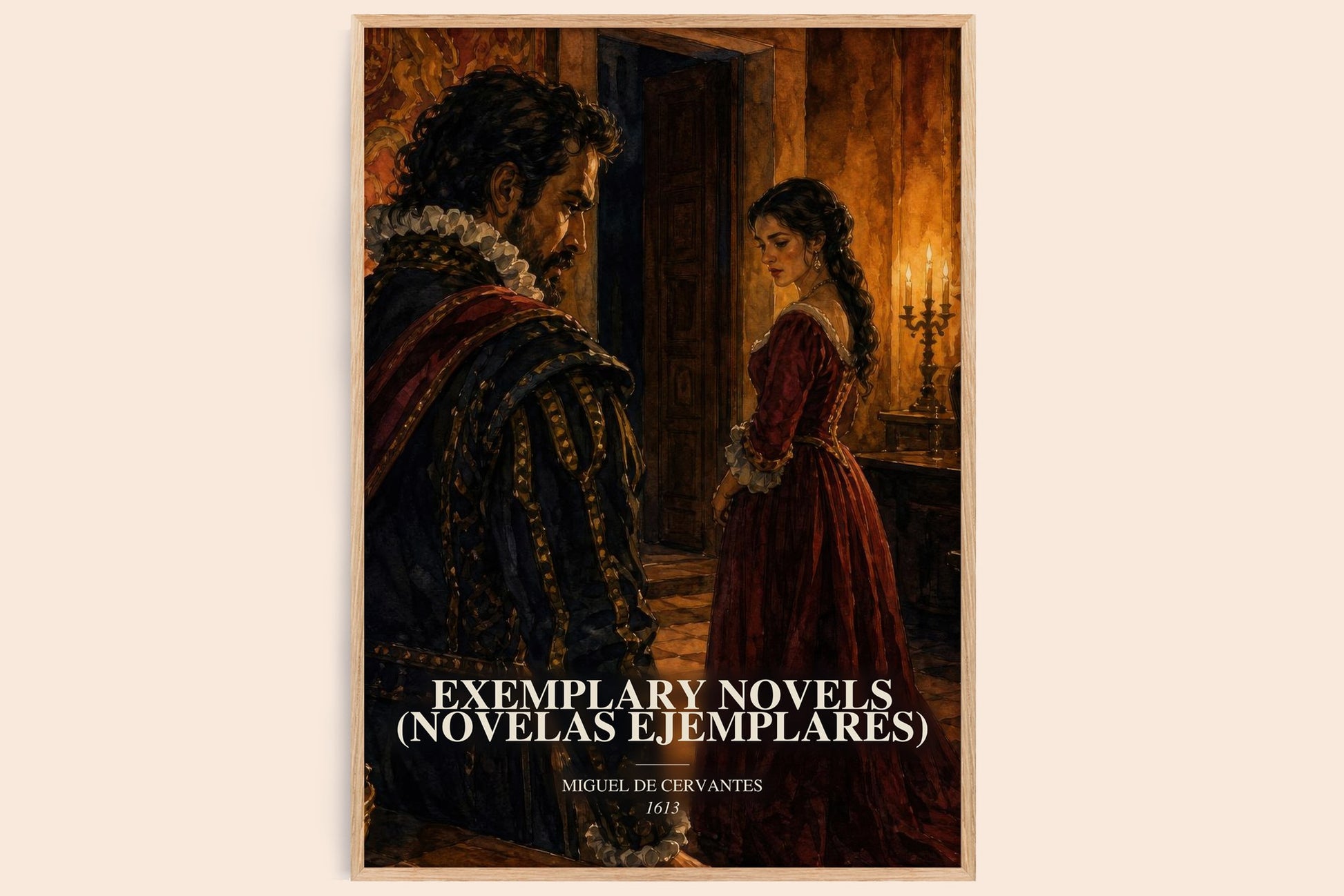 Exemplary Novels (Novelas Ejemplares) watercolour book poster by Miguel De Cervantes – framed literary art print
