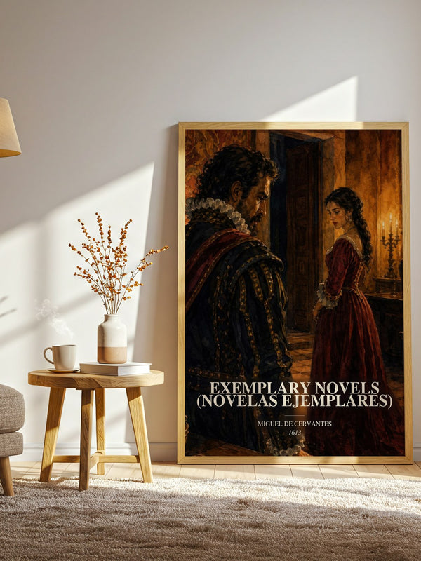 Exemplary Novels (Novelas Ejemplares) watercolour print in frame leaning in hallway – classic literature wall art