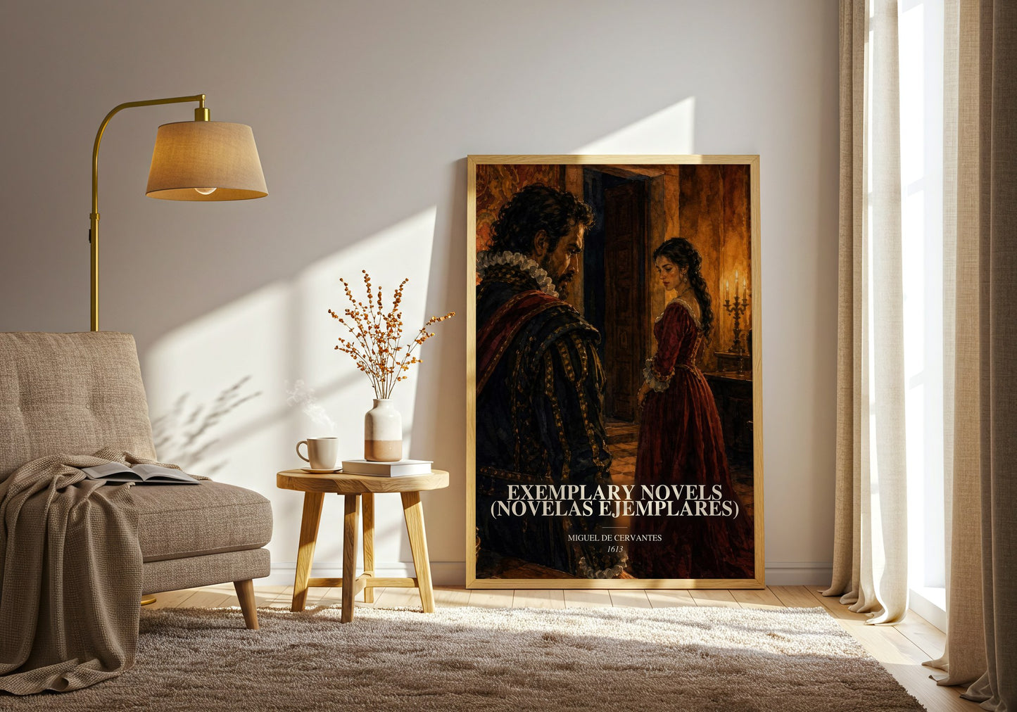 Exemplary Novels (Novelas Ejemplares) watercolour print in frame leaning in hallway – classic literature wall art