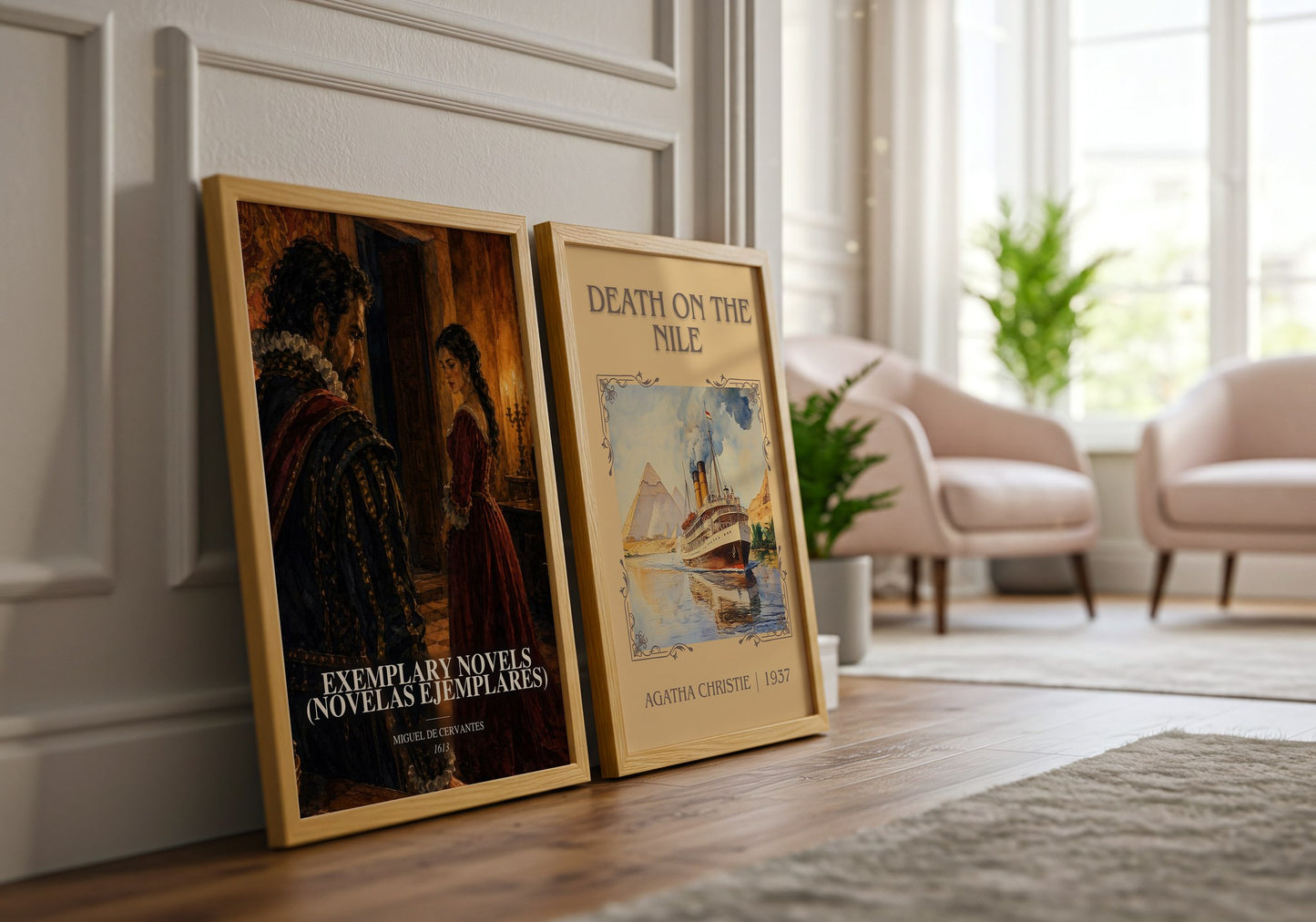 Exemplary Novels (Novelas Ejemplares) watercolour print framed by window – literary home decor