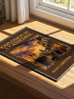 Explosion In A Cathedral Classic Book Art Print by Alejo Carpentier – print on a sunlit desk