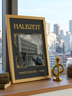 Halbzeit Classic Book Art Print by Martin Walser – framed print on a city-view windowsill