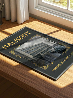 Halbzeit Classic Book Art Print by Martin Walser – print on a sunlit desk