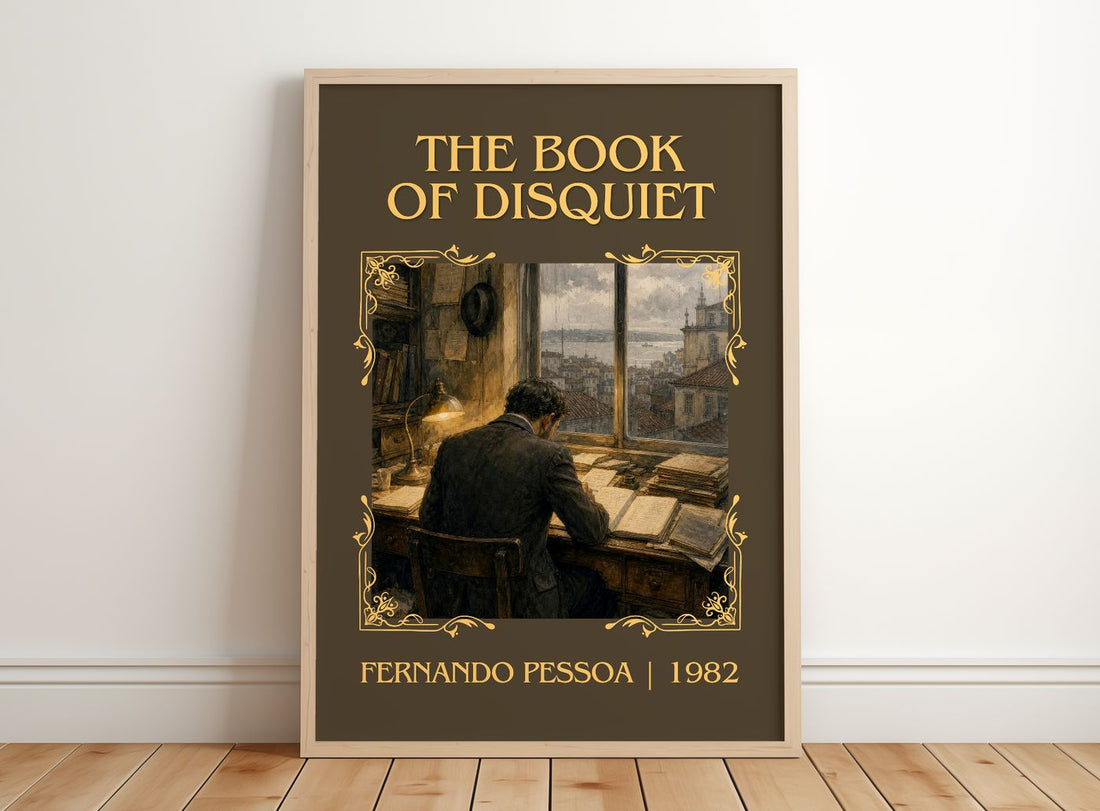 The Book of Disquiet Classic Book Art Print by Fernando Pessoa – framed print leaning on a wooden floor